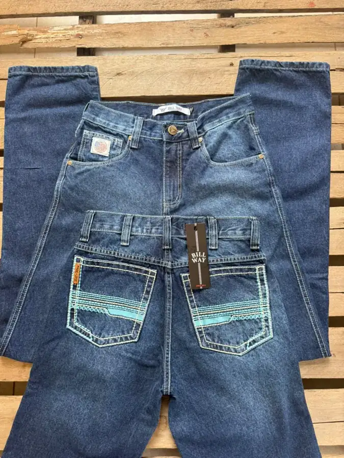 Calça Jeans Bill Way Escura Bordado Turquesa