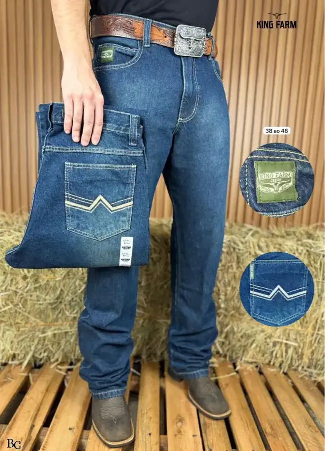 Calça Jeans King Farm Escura Bordado Branco