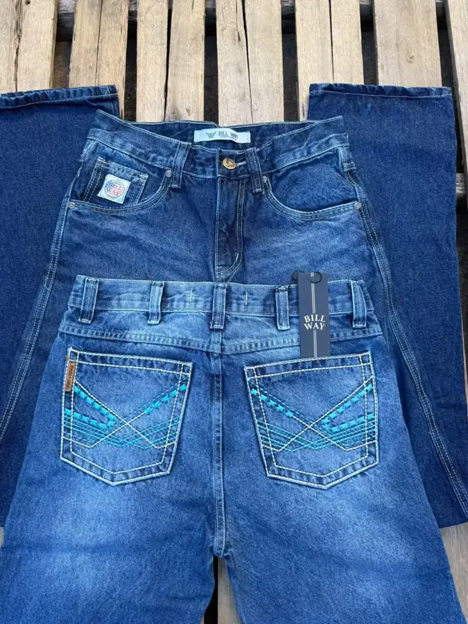 Calça Jeans Bill Way Azul Bordado Multicor